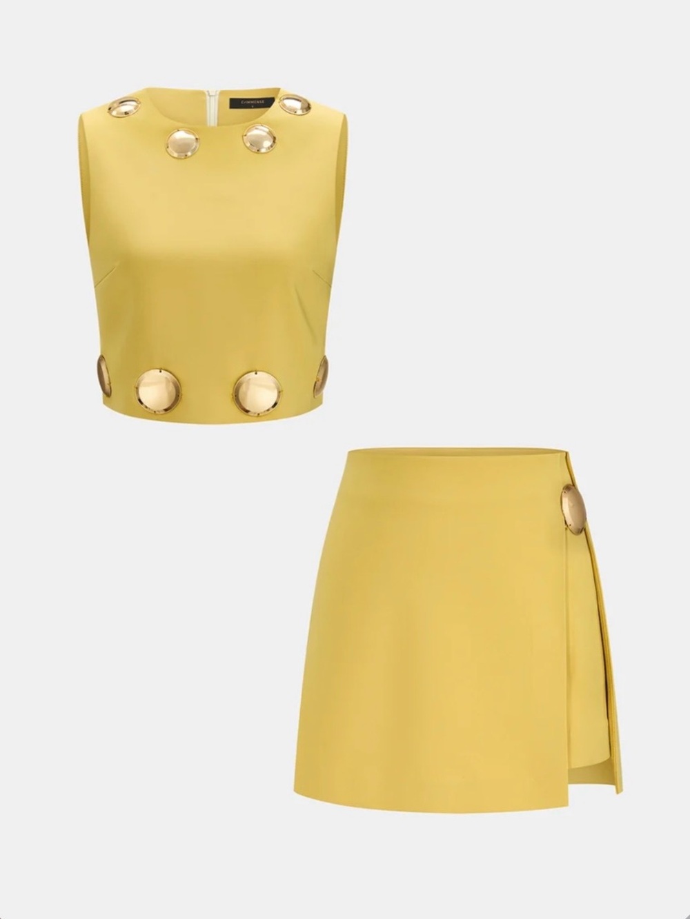 Commense Yellow Crop Top & Mini Skirt with Gold Disc Accents
